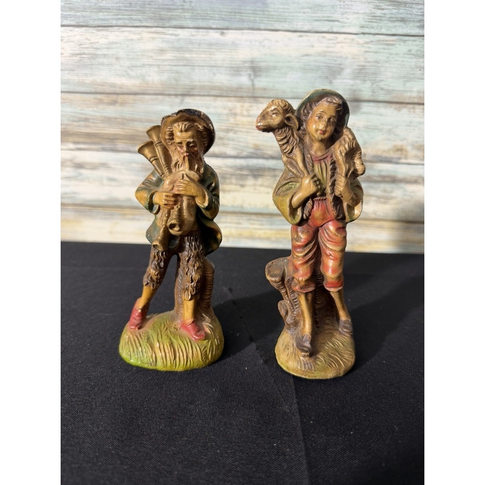 2 Vintage Italy Nativity Shepherd‎ Boy Lamb - Josiah Bagpiper Set 5.5" Chalkware